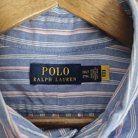 Polo Ralph Lauren Shirt Mens 2XLT Blue Pink Classic Oxford Stripes Flesh Pony - Picture 2 of 9
